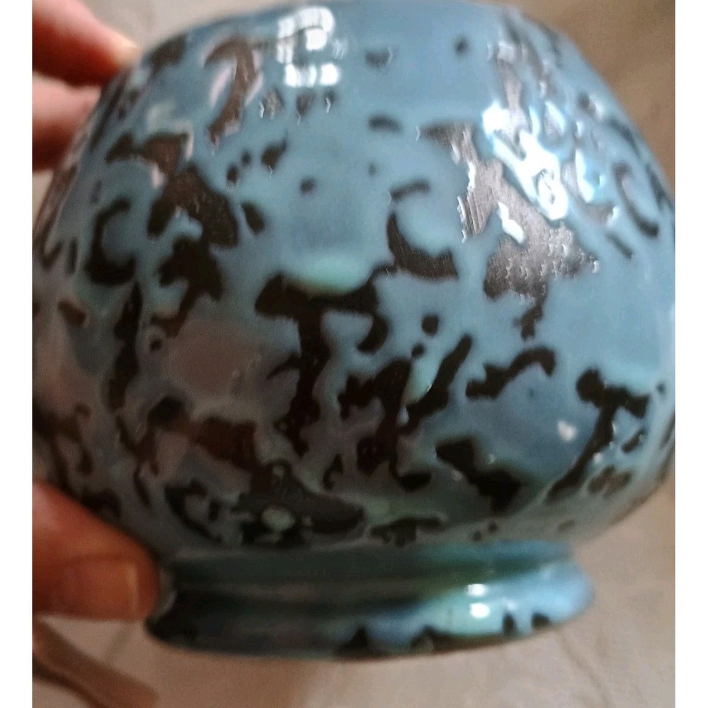 Vintage McCoy Blue & Black Brocade Splatter Vase Planter 4.5"